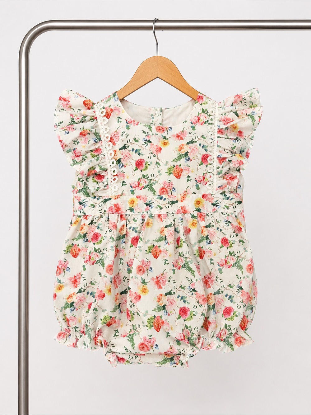 Smocked Polkadot Baby Girls Floral Bubble Ruffle Sleeve Lace Boutique Outfit